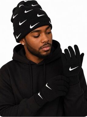Nike Black Knit Gloves with White Swoosh - Men's